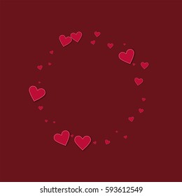 Red stitched paper hearts. Small round shape on wine red background. Vector illustration.