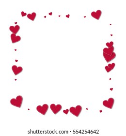 Red stitched paper hearts. Square abstract shape with red stitched paper hearts on white background. Vector illustration.