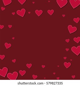 Red stitched paper hearts. Square scattered frame with red stitched paper hearts on wine red background. Vector illustration.