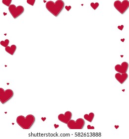 Red stitched paper hearts. Square scattered border with red stitched paper hearts on white background. Vector illustration.