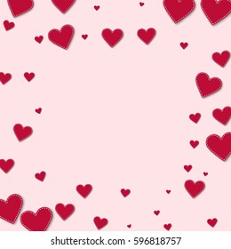Red stitched paper hearts. Square scattered frame on light pink background. Vector illustration.