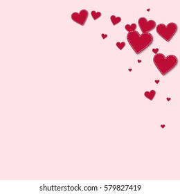Red stitched paper hearts. Top right corner with red stitched paper hearts on light pink background. Vector illustration.