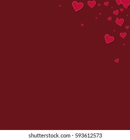 Red stitched paper hearts. Top right corner gradient on wine red background. Vector illustration.