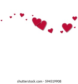 Red stitched paper hearts. Top wave on white background. Vector illustration.