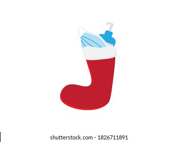 Red stocking with Blue face mask and soap on White background