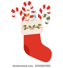 Red Stocking with candies isolated on white background. Christmas concept. Ideal for greeting cards, invitations, flyers.