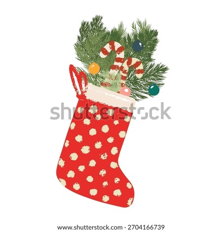 A red stocking filled with candy canes and other decorations. The stocking is decorated with polka dots and has a festive, holiday feel.