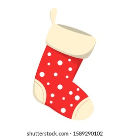 Red stocking vector isolated. Christmas sock, decoration element. Traditional wear, hanging at home.
