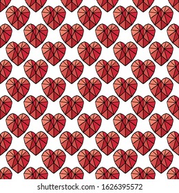 Red stone hearts isolated on a white background. Seamless pattern. Vector hand drawing. Texture.
