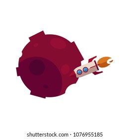Red stone planet, comet or satellite with rocket spaceship icon. Flat asteroid meteor with craters. Fantastic space cosmic element. Astronomy galaxy exploration design object. Vector flat illustration