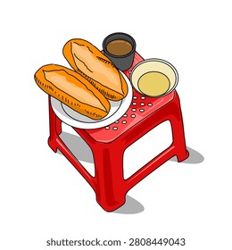 a red stool with bread and a bowl of soup and a hot chocolate. Treet food at morning