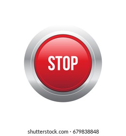 Red stop button with metallic border. Shiny vector isolated illustration.