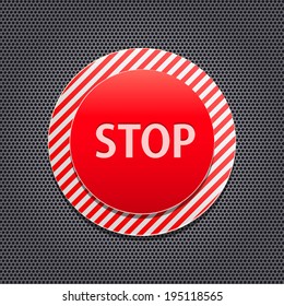 Red Stop Button on Stripe Panel and Metal Background. Vector Illustration