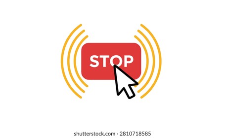 Red stop button with warning signal waves being clicked by a black and white computer cursor arrow on white background.
