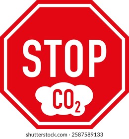 Red stop CO2 or carbon dioxide protest sign against climate change. White text and CO2 icon on red traffic sign. Vector illustration.