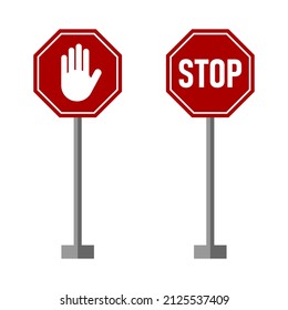 Red Stop Hand Block Octagon Sign or Adblock or Do Not Enter or Forbidden Icon Set. Vector Image.