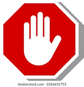 Octagon Sign oder Adblock mit rotem Stopp Handblock oder kein verbotenes Symbol mit 3D-Schatteneffekt. Vektorbild.