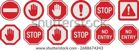 Red Stop Hand Sign in Octagon Shape No Entry Symbol