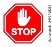 Red stop hand sign, stop hand vector printable design, isolated on white background. Traffic regulatory warning stop symbol. Vector illustration, EPS10.