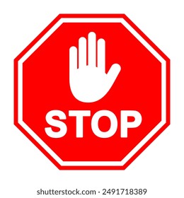 Red stop hand sign, stop hand vector printable design, isolated on white background. Traffic regulatory warning stop symbol. Vector illustration, EPS10.