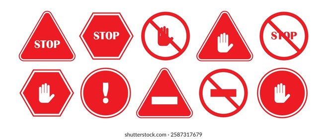 Red stop hand sign, stop hand vector printable design, isolated on white background. Traffic regulatory warning stop symbol. Vector illustration, EPS10.