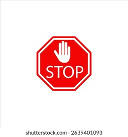 Red stop hand sign, stop hand vector printable design, isolated on white background. Traffic regulatory warning stop symbol. Vector illustration, EPS10.