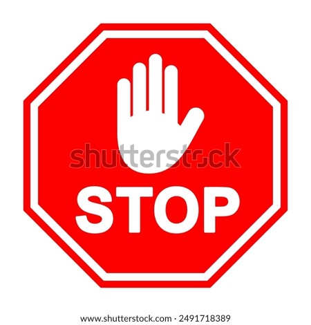 Red stop hand sign, stop hand vector printable design, isolated on white background. Traffic regulatory warning stop symbol. Vector illustration, EPS10.