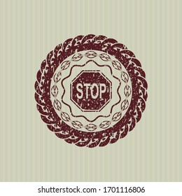 Red stop icon inside distress grunge seal