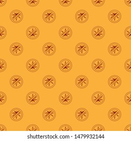 Red Stop marijuana or cannabis leaf icon isolated seamless pattern on brown background. No smoking marijuana. Hemp symbol.  Vector Illustration