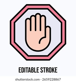 Icono de Vector octogonal de la muestra de la mano de la parada roja, icono de estilo de color lineal de Vector aislado, trazo editable.