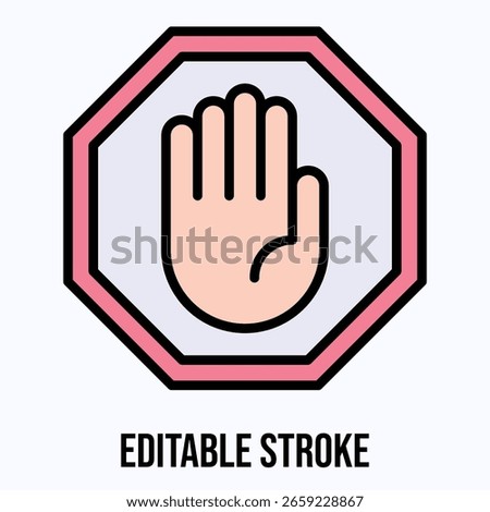 Red Stop Octagonal Hand Sign Vector Icon, Isolated Vector Lineal Color Style Icon, Editable Stroke.