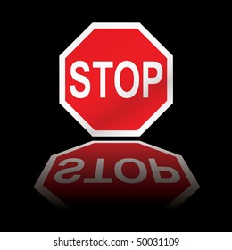 Red stop road sign with black background and reflection