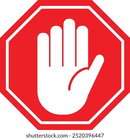 Red stop road sign icon, with hand symbol, isolated on white background . vector illustration
