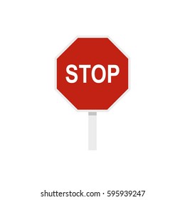 Red stop road sign icon in flat style isolated on white background vector illustration