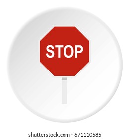 Red stop road sign icon in flat circle isolated vector illustration for web