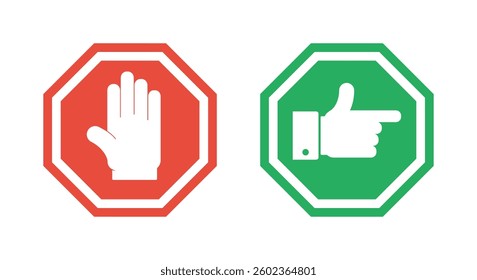 red stop road sign, octagonal warning pictogram, green go vector symbol, traffic regulation icons set