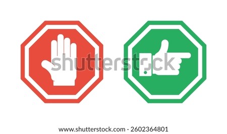 red stop road sign, octagonal warning pictogram, green go vector symbol, traffic regulation icons set