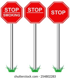 Red STOP road signs with grass isolated on white background