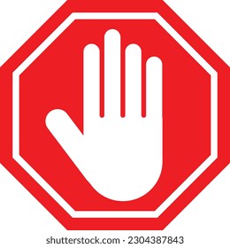 Red stop roadsign with hand icon vector illustration . Stop sign. Red forbidding sign with human hand in octagon shape