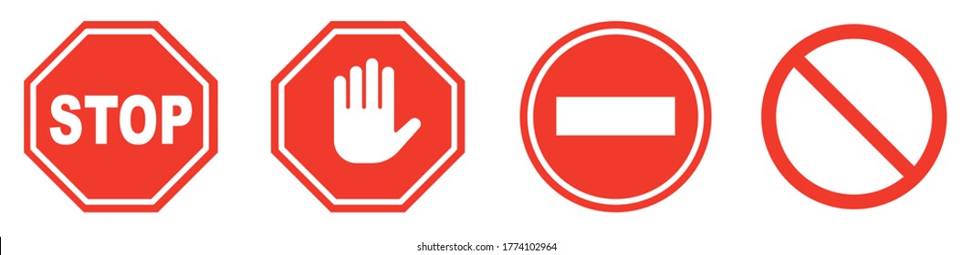 Red STOP .Set of prohibition sign.Stop symbol.Stop set vector sign with hand. Hand forbidden vector sign.Vector Stop hand sign.