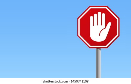 Red stop sign with big hand symbol and blue background