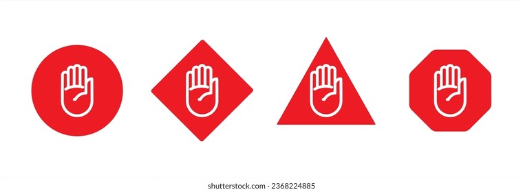 Red stop sign with big hand symbol icon line vector illustration, 
