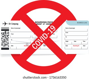 Rotes Stoppschild und Bordkarte. Konzept der Covid-19-Pandemie. Viele Flüge wurden verboten. Reisen unmöglich. Vektor-Abbildung