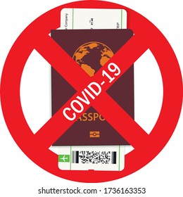 Red stop sign and boarding pass ticket. Concept of covid-19 pandemic. A lot of flights have been forbidden. Traveling impossible. Vector illustration