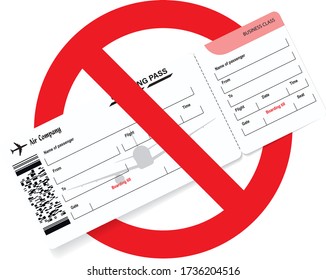Red stop sign and boarding pass ticket. Concept of covid-19 pandemic. A lot of flights have been forbidden. Traveling impossible. Vector illustration