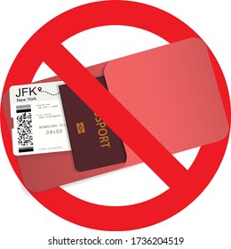 Señal de parada roja y pasaje de embarque. Concepto de la pandemia de covid-19. Se han prohibido muchos vuelos. Viajar imposible. Ilustración del vector