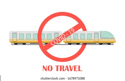 Red Stop sign by train or subway. Travel ban and travel restrictions. Healthcare concept. Quarantine to prevent the spread of the virus. Coronavirus pandemic. Flat vector illustration. 