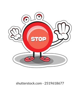 Red stop sign and cute robot cartoon character emoticon. Vector illustration