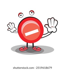 Red stop sign and cute robot cartoon character emoticon. Vector illustration