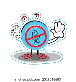 Red stop sign and cute robot cartoon character emoticon. Vector illustration